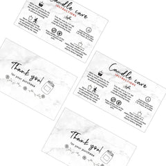 Close-up of white marble candle care instruction card with black text