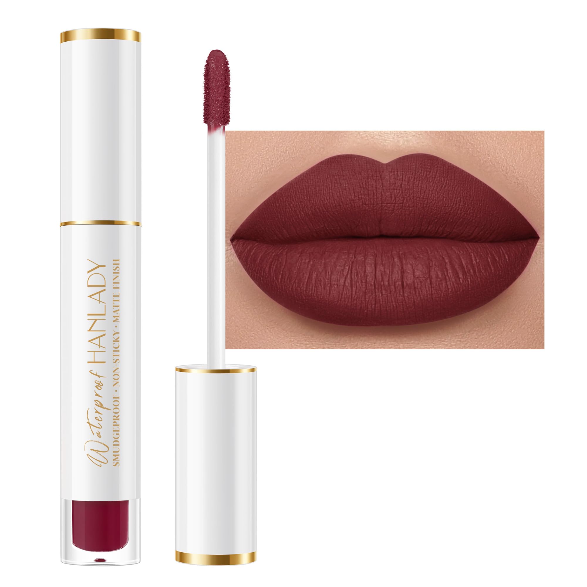 HANLADY Dark Burgundy lipstick packaging shown, premium vegan formula