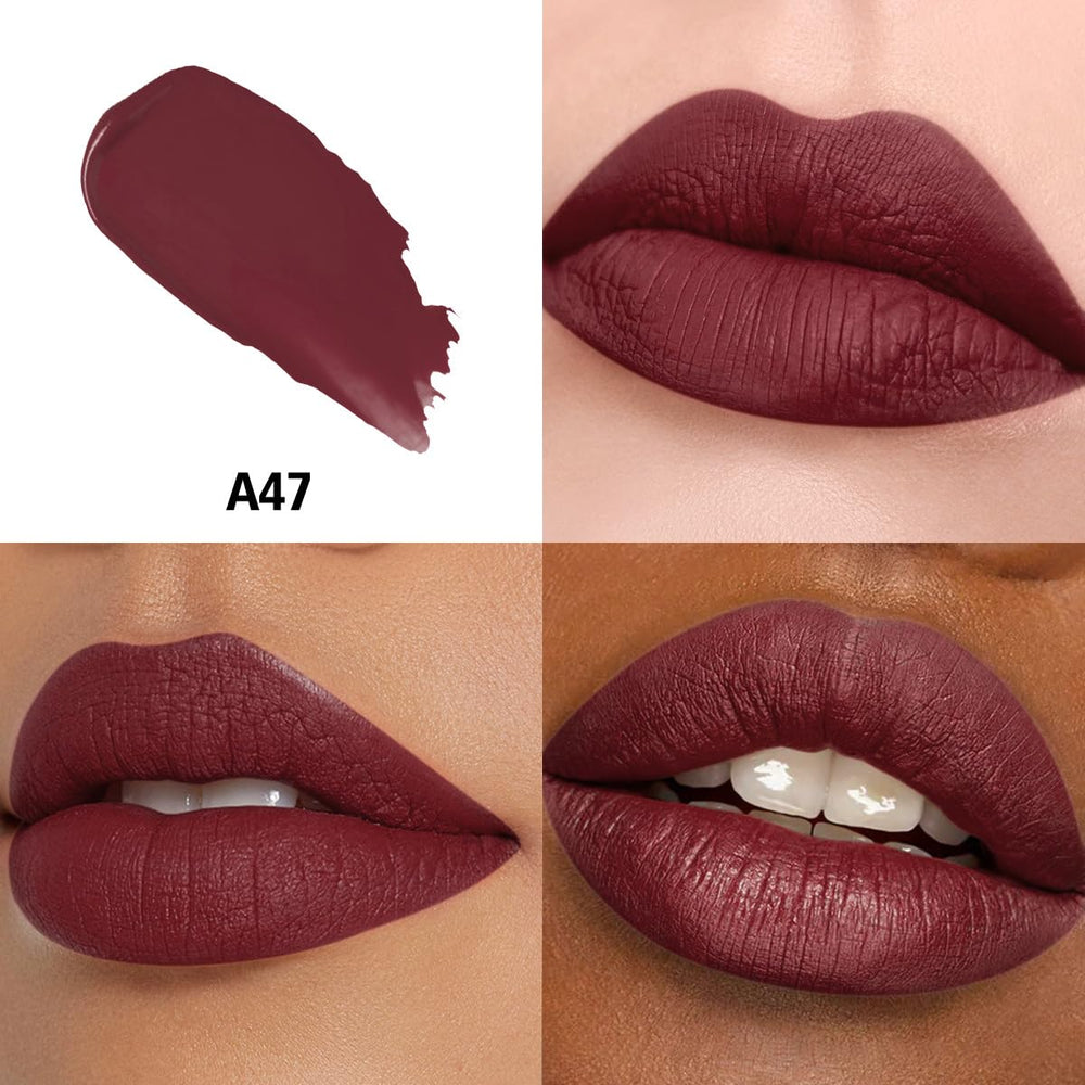 HANLADY Dark Burgundy lipstick wand swatch demonstrates long wear