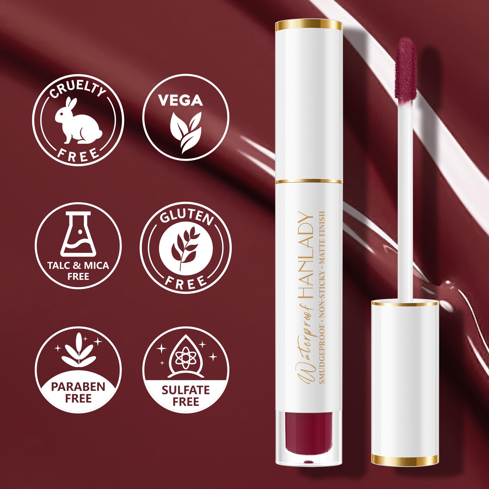 HANLADY Dark Burgundy vegan cruelty-free logo signals ethical, guilt-free choice