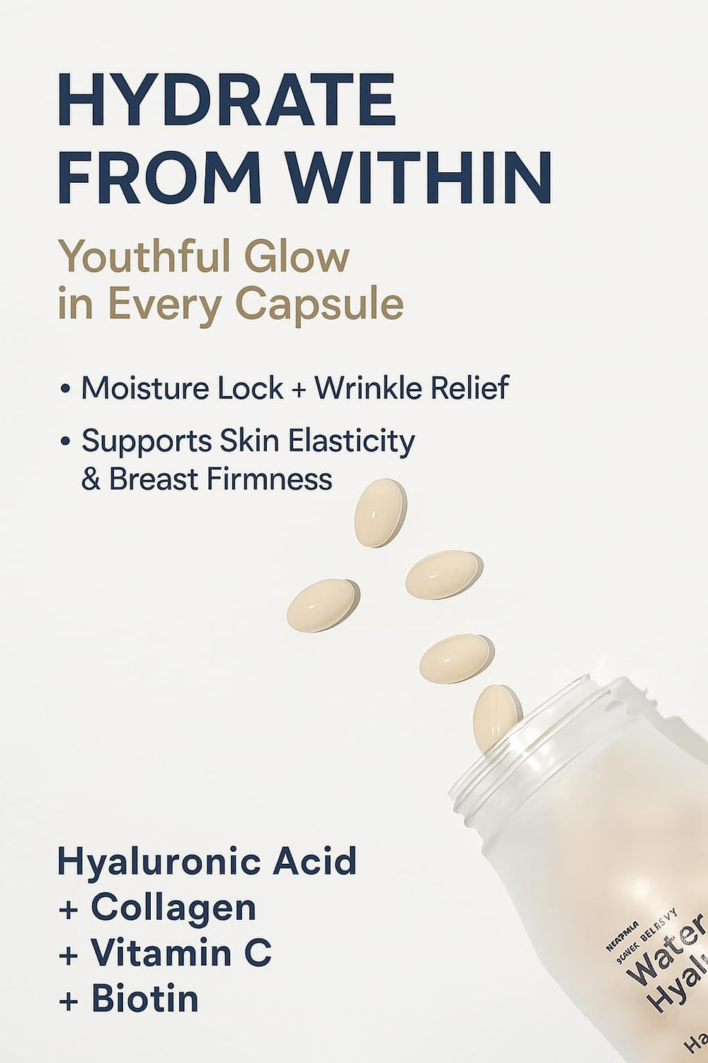 Close-up of Hyaluronic Acid ingredients: HA, fish collagen, vitamin C, biotin, L-cysteine