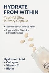 Close-up of Hyaluronic Acid ingredients: HA, fish collagen, vitamin C, biotin, L-cysteine