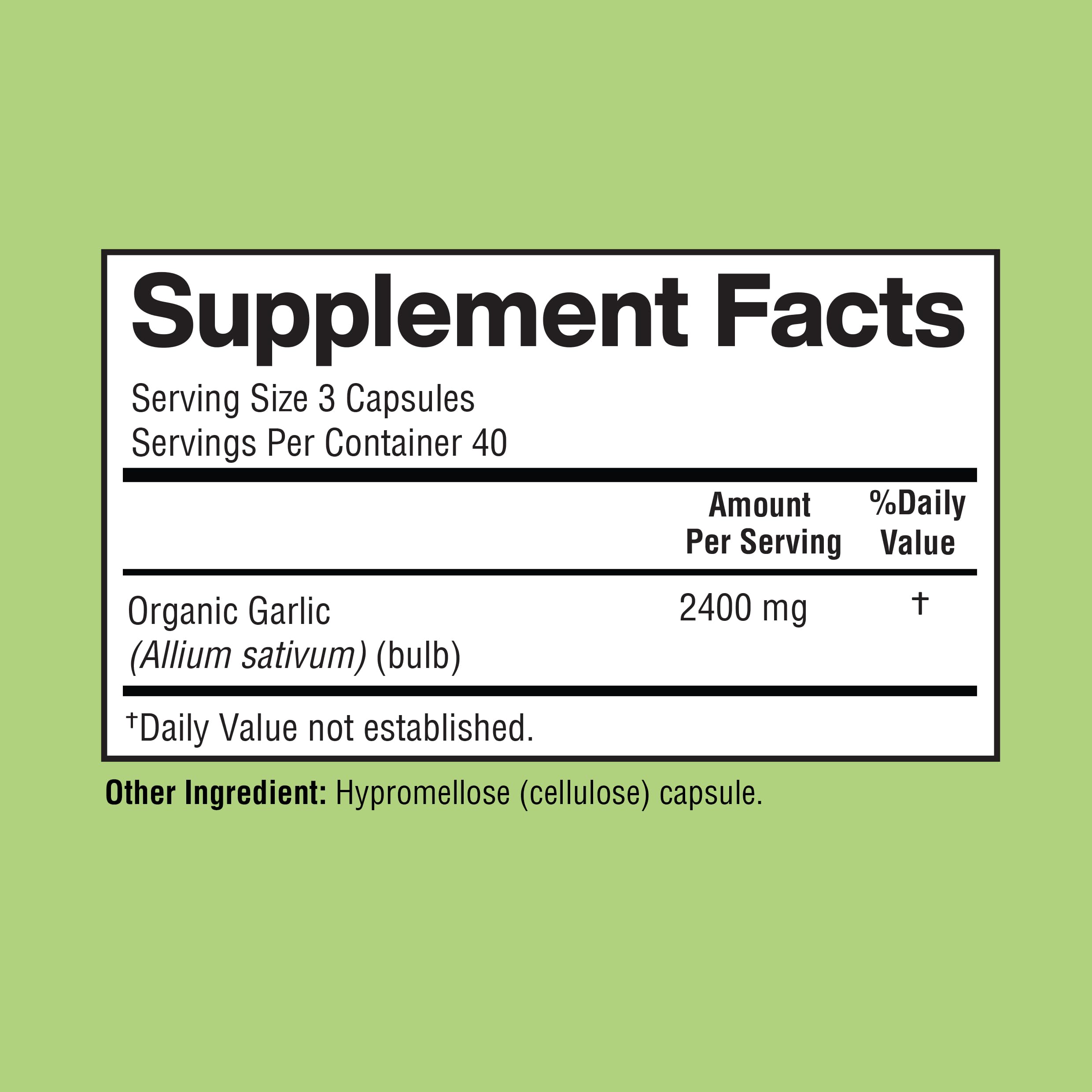 Close-up of product label on Happi Mi Garlic Capsules