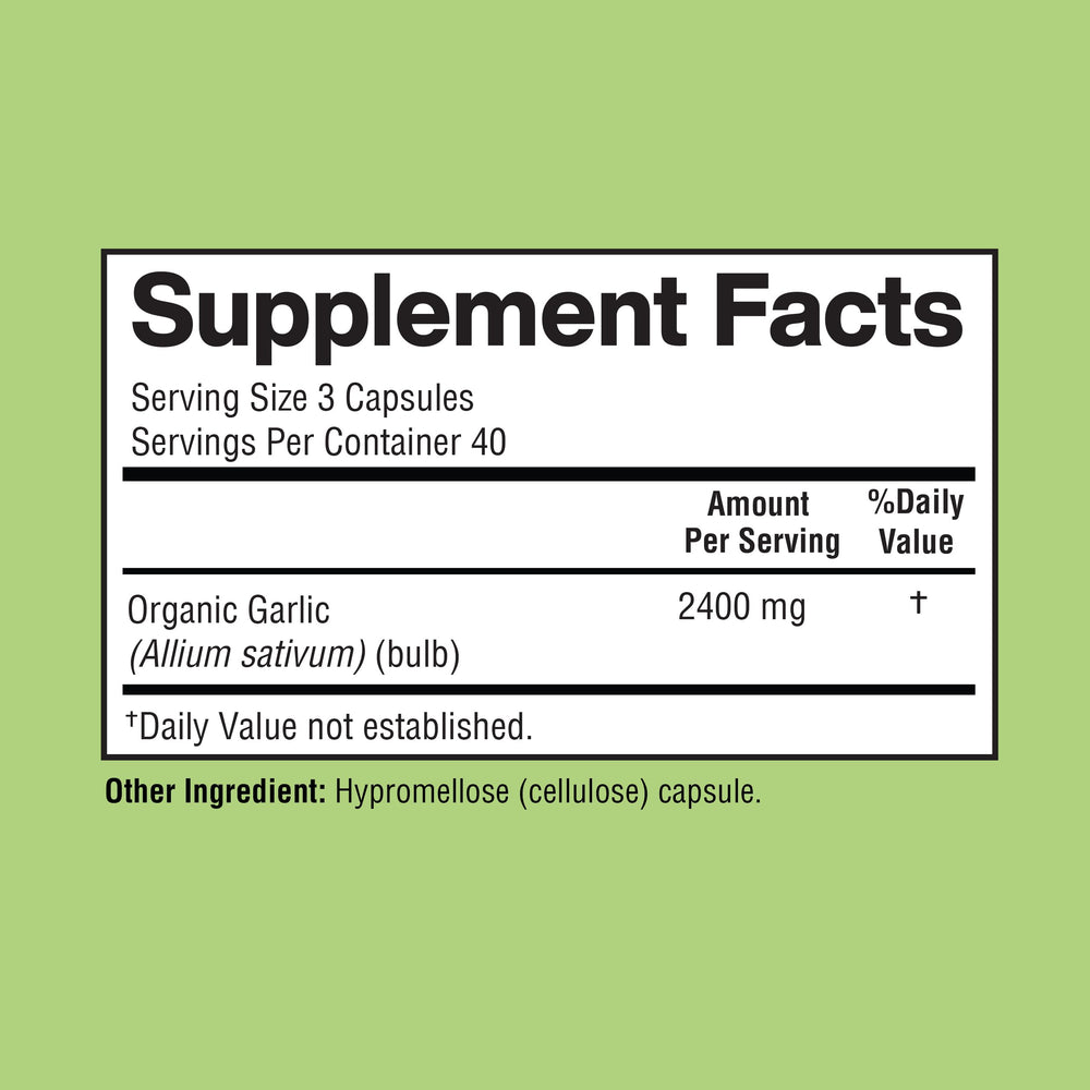 Close-up of product label on Happi Mi Garlic Capsules
