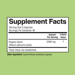 Close-up of product label on Happi Mi Garlic Capsules