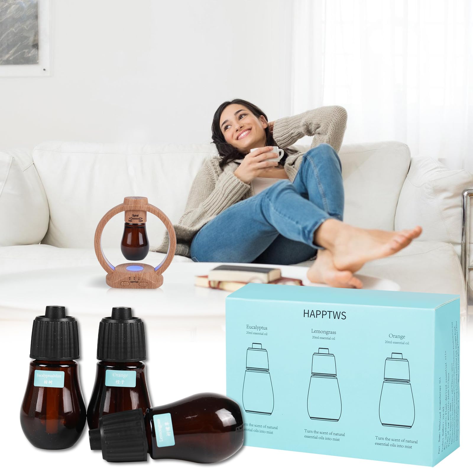 Close-up of bottle label and essential oil colors