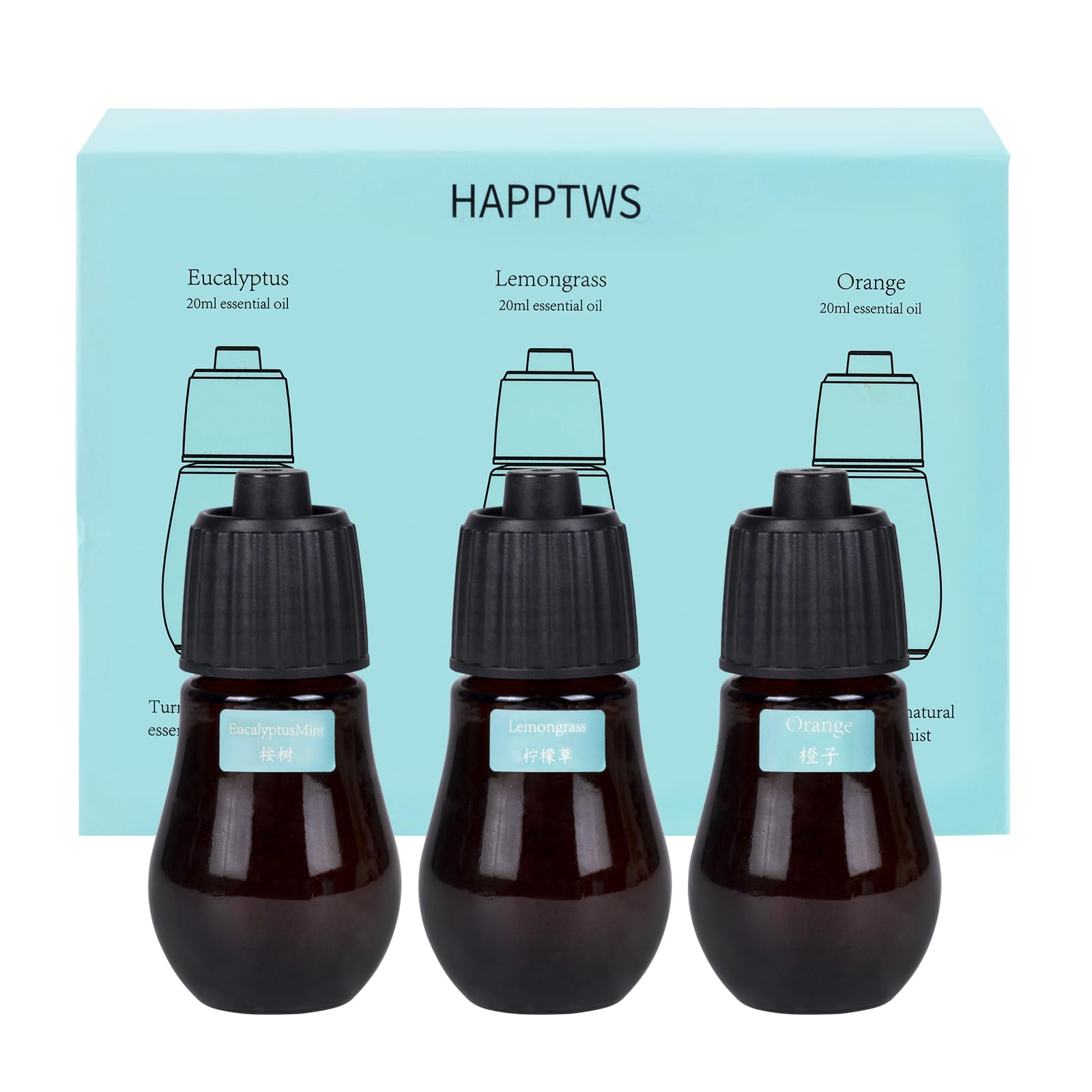Front view of HAPPTWS 3-piece aromatherapy essential oil set