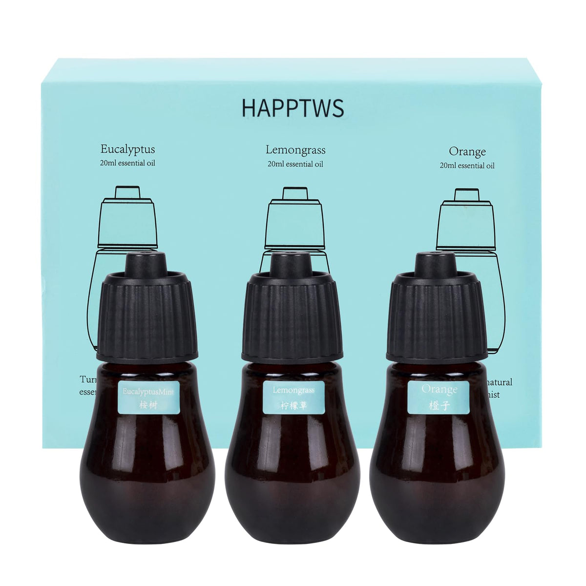 Front view of HAPPTWS 3-piece aromatherapy essential oil set