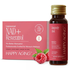 Happy Aging liquid NAD+ shot bottle promotes convenient energy support.