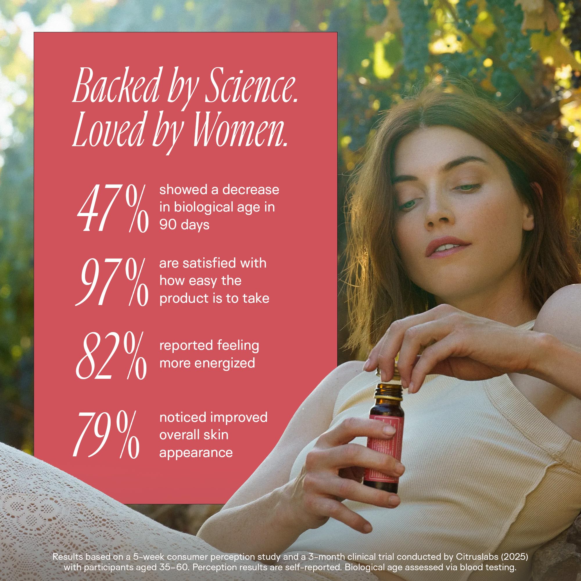 Happy Aging liquid NAD+ shot glass highlights simple dosing and energy.
