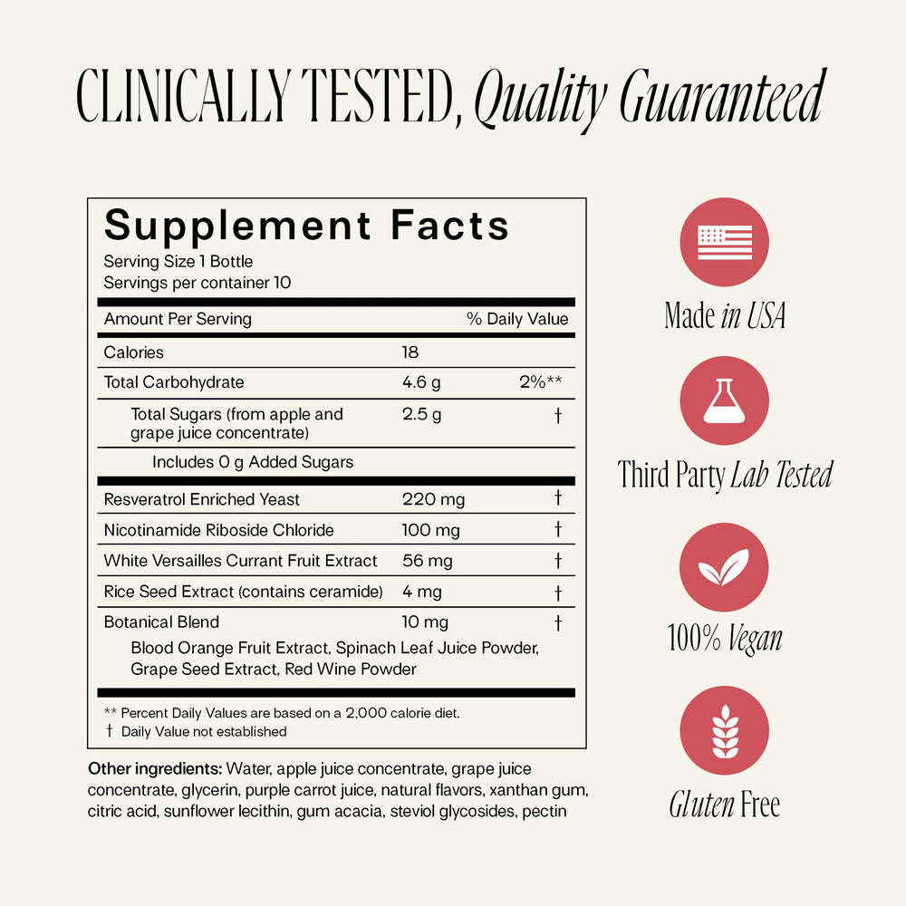 Happy Aging liquid NAD+ shot pour demonstrates smooth absorption for daily vitality.