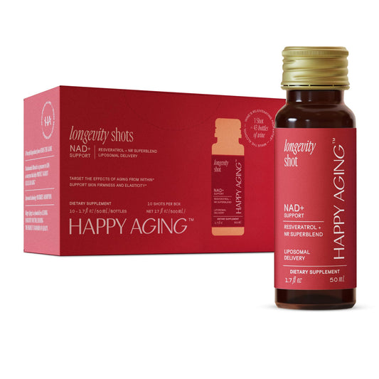 Happy Aging Longevity Shots bottle on white background