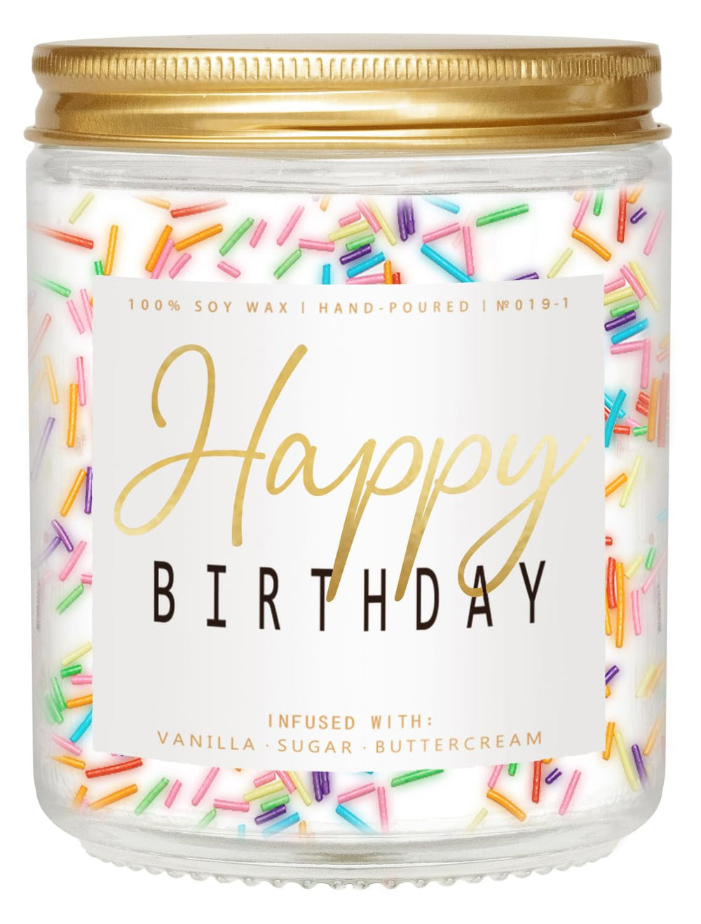 Front view of Happy Birthday Candle with vanilla cream and sprinkles