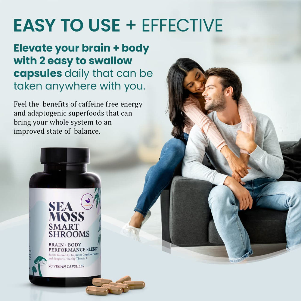Close-up of capsules with sea moss and mushrooms