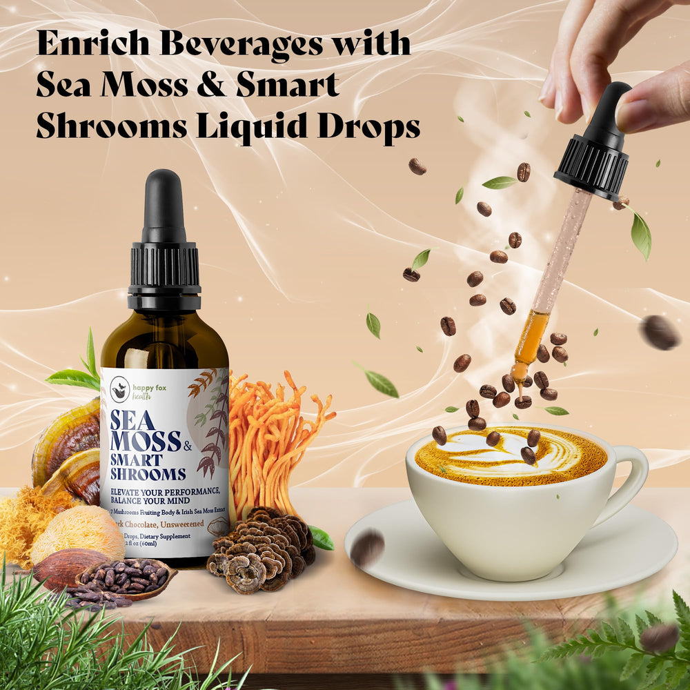 Mushroom tincture bottle showing seven adaptogenic mushrooms