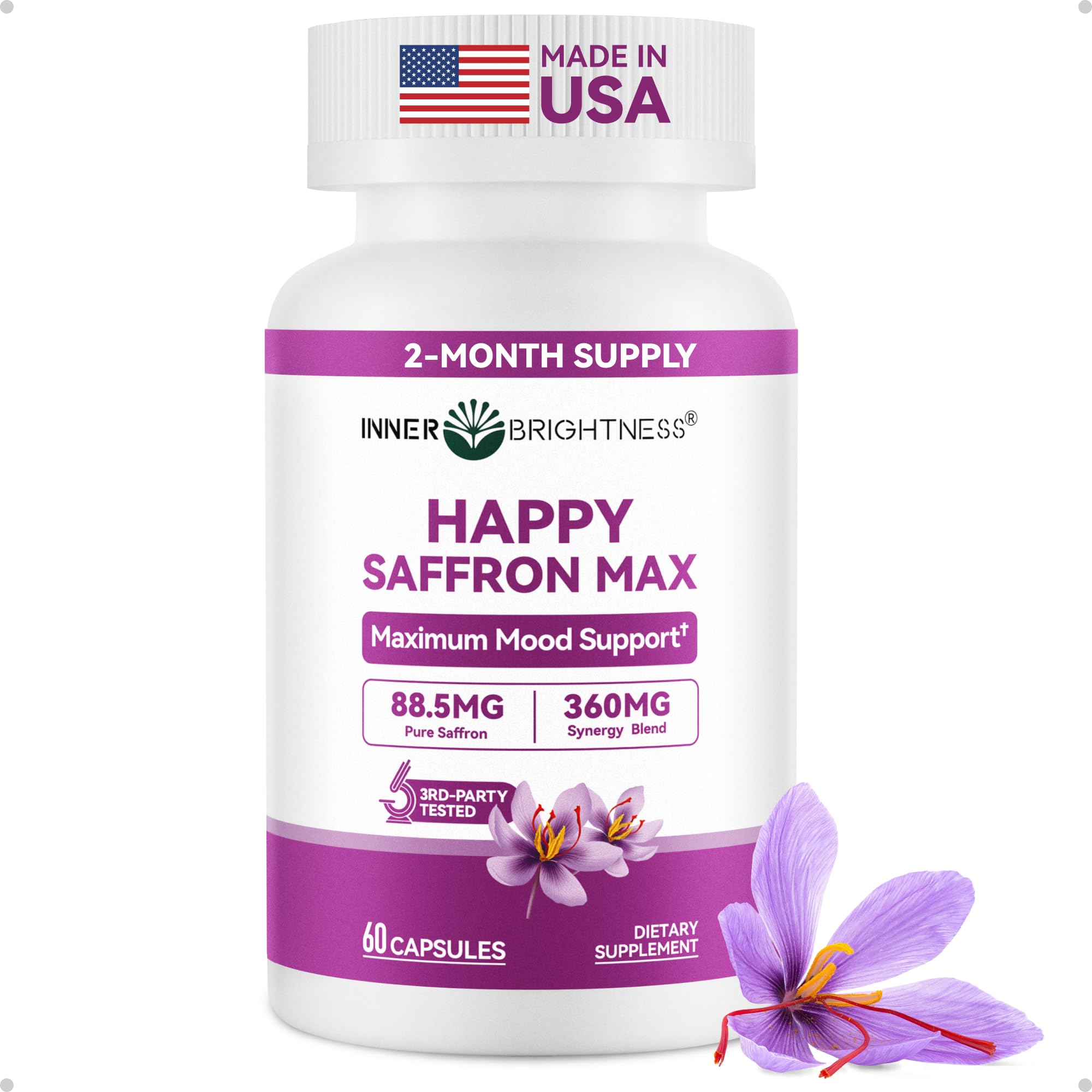 Happy Saffron Max bottle with 60 vegan capsules