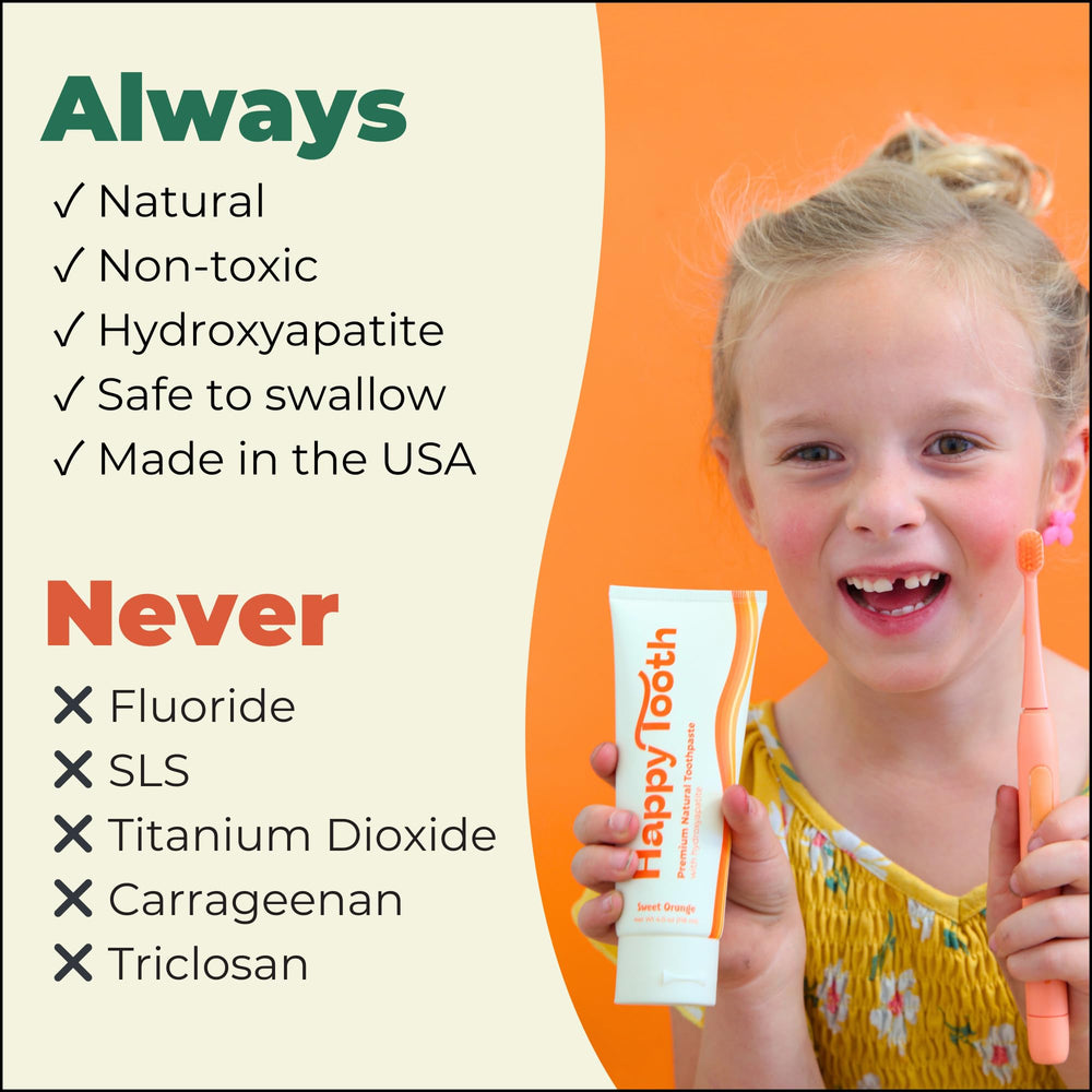 Dentist-formulated Happy Tooth toothpaste on a clean label