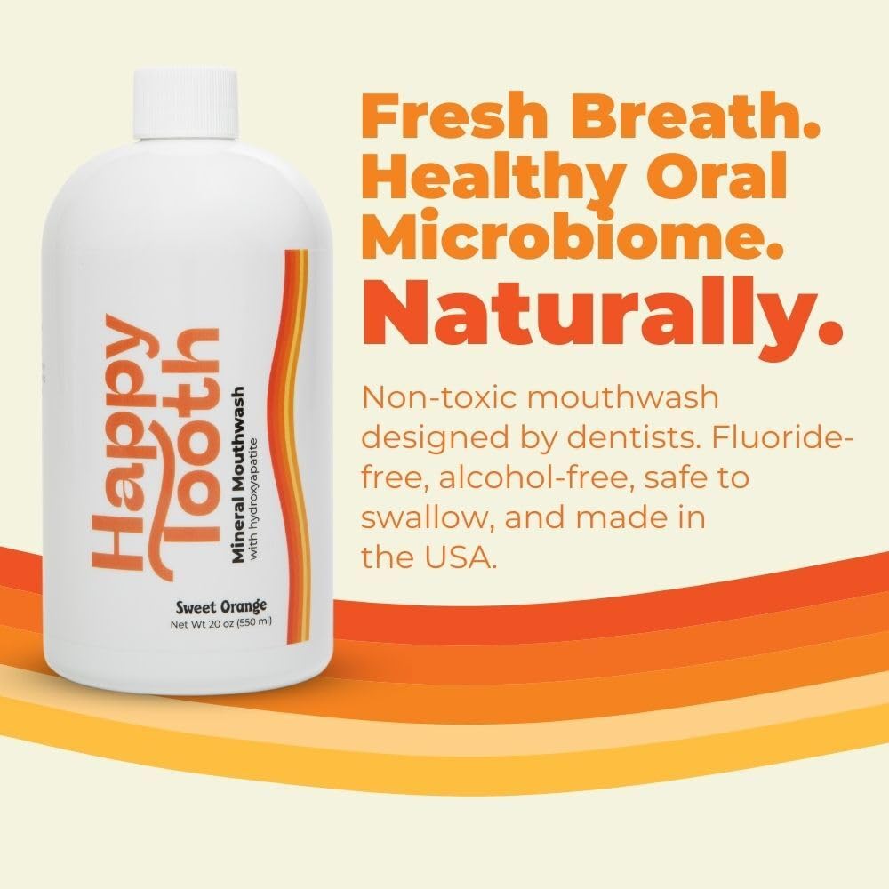 Open cap of Happy Tooth mouthwash showing the bottle