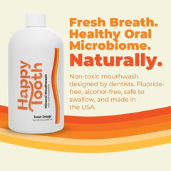Open cap of Happy Tooth mouthwash showing the bottle