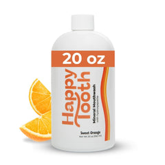 Happy Tooth Hydroxyapatite Mouthwash bottle with orange label (20 fl oz)