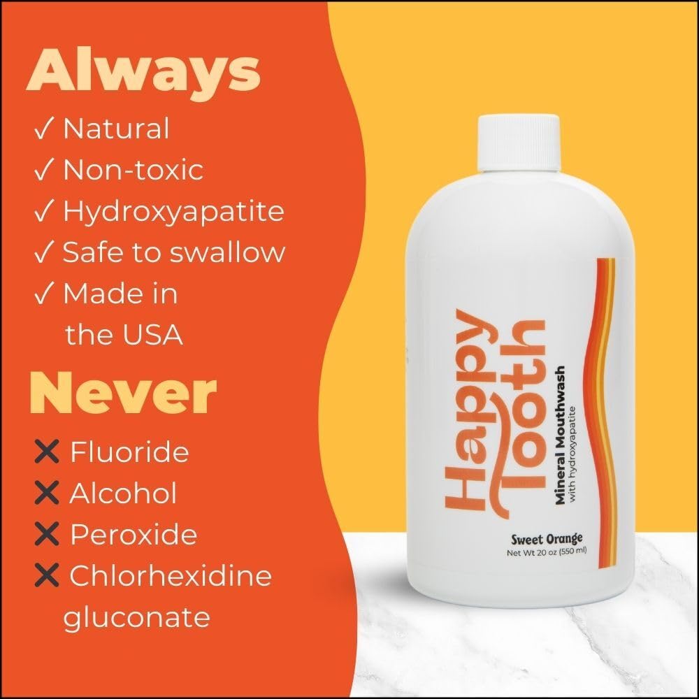 Natural ingredients of Happy Tooth mouthwash: hydroxyapatite, xylitol, marshmallow root, calendula, peppermint oil