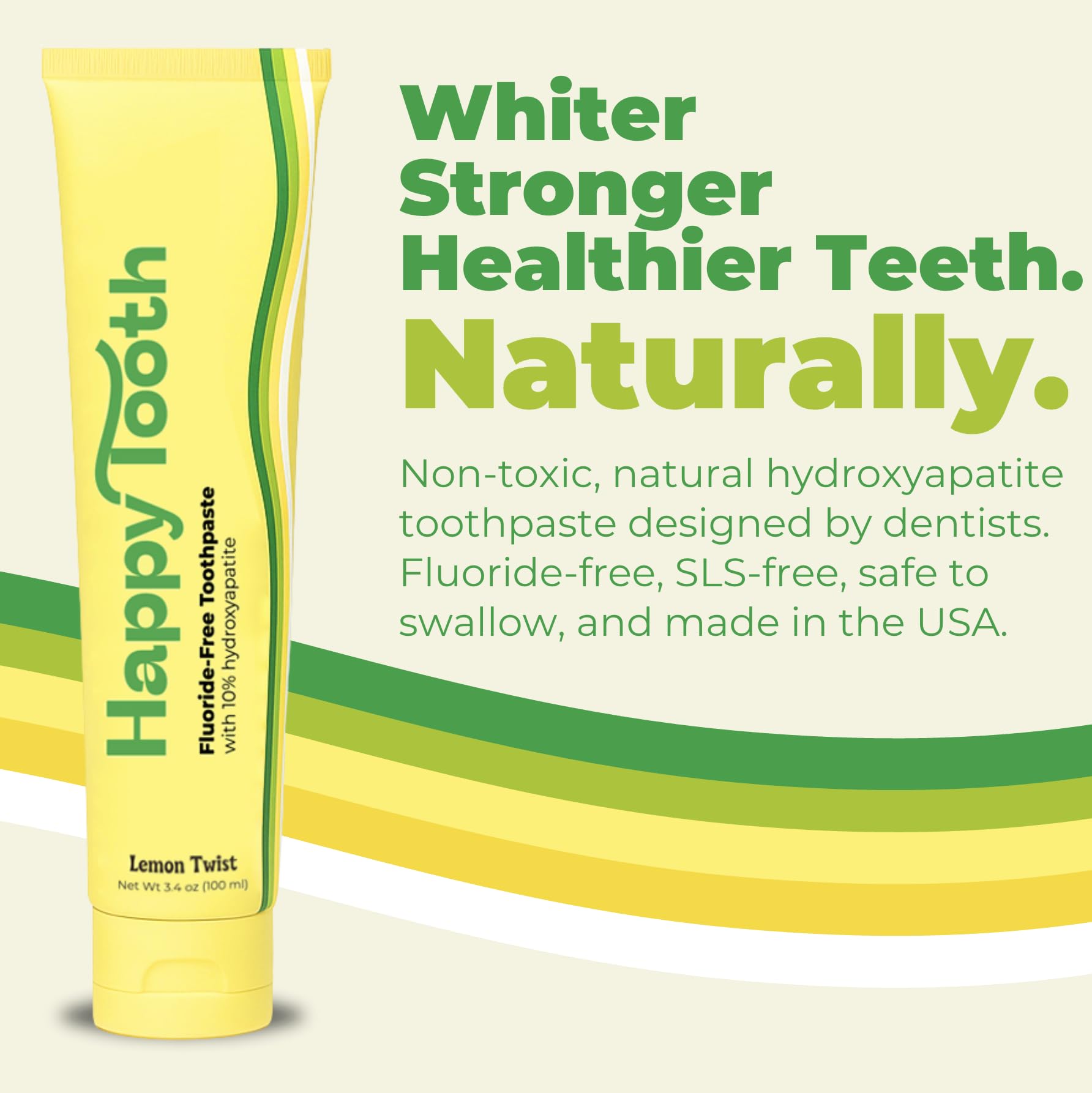 Close-up of Happy Tooth product packaging with clean-label design