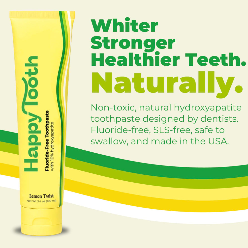 Close-up of Happy Tooth product packaging with clean-label design