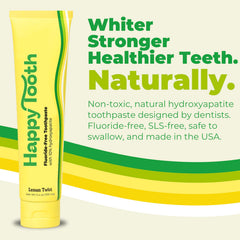 Close-up of Happy Tooth product packaging with clean-label design