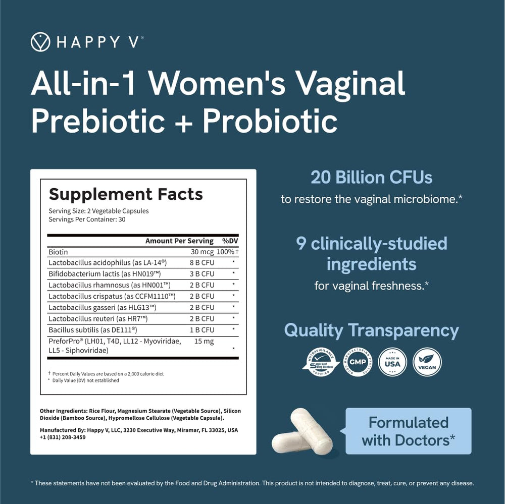 Happy V USA manufactured in FDA inspected facility label