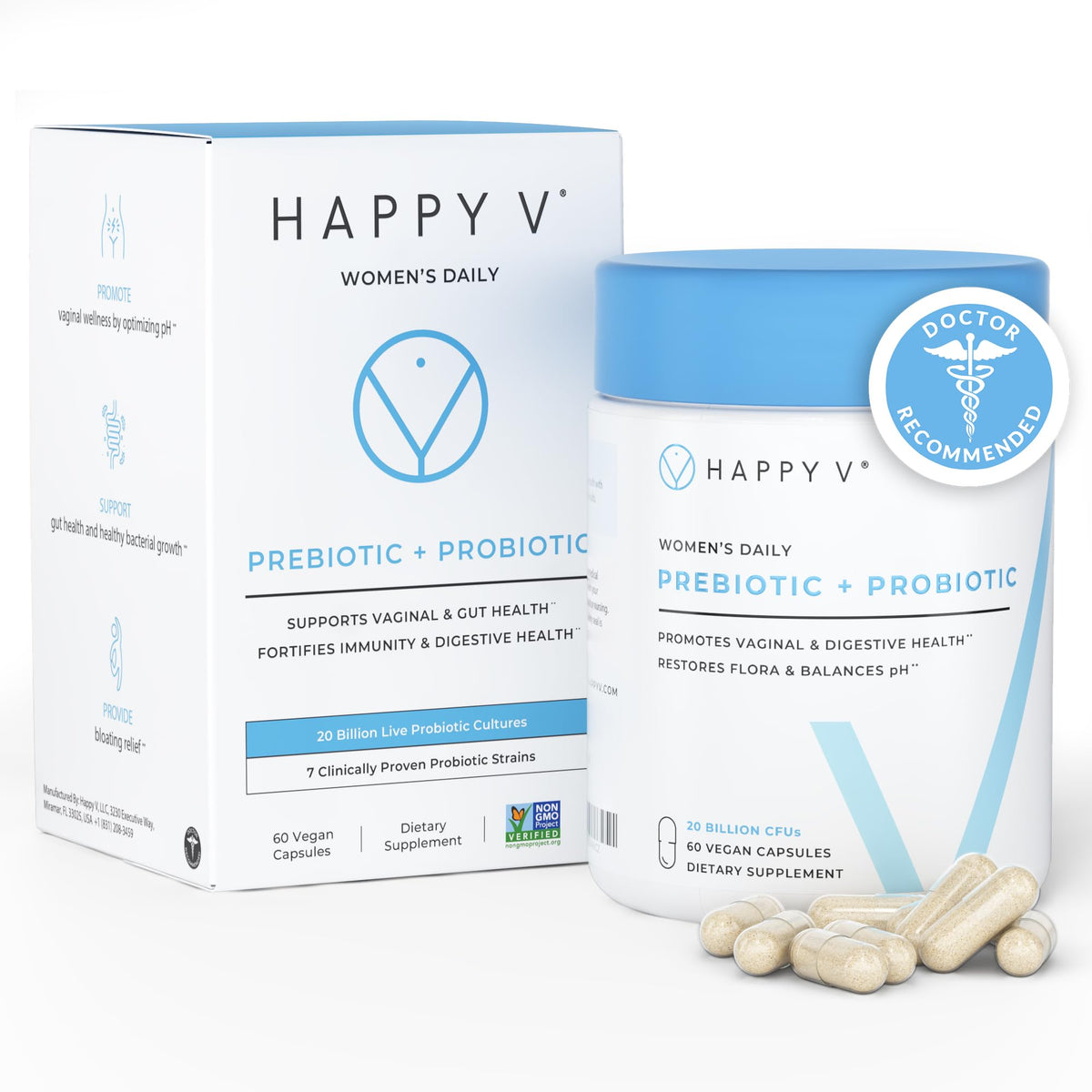 Happy V probiotic bottle for women's vaginal health