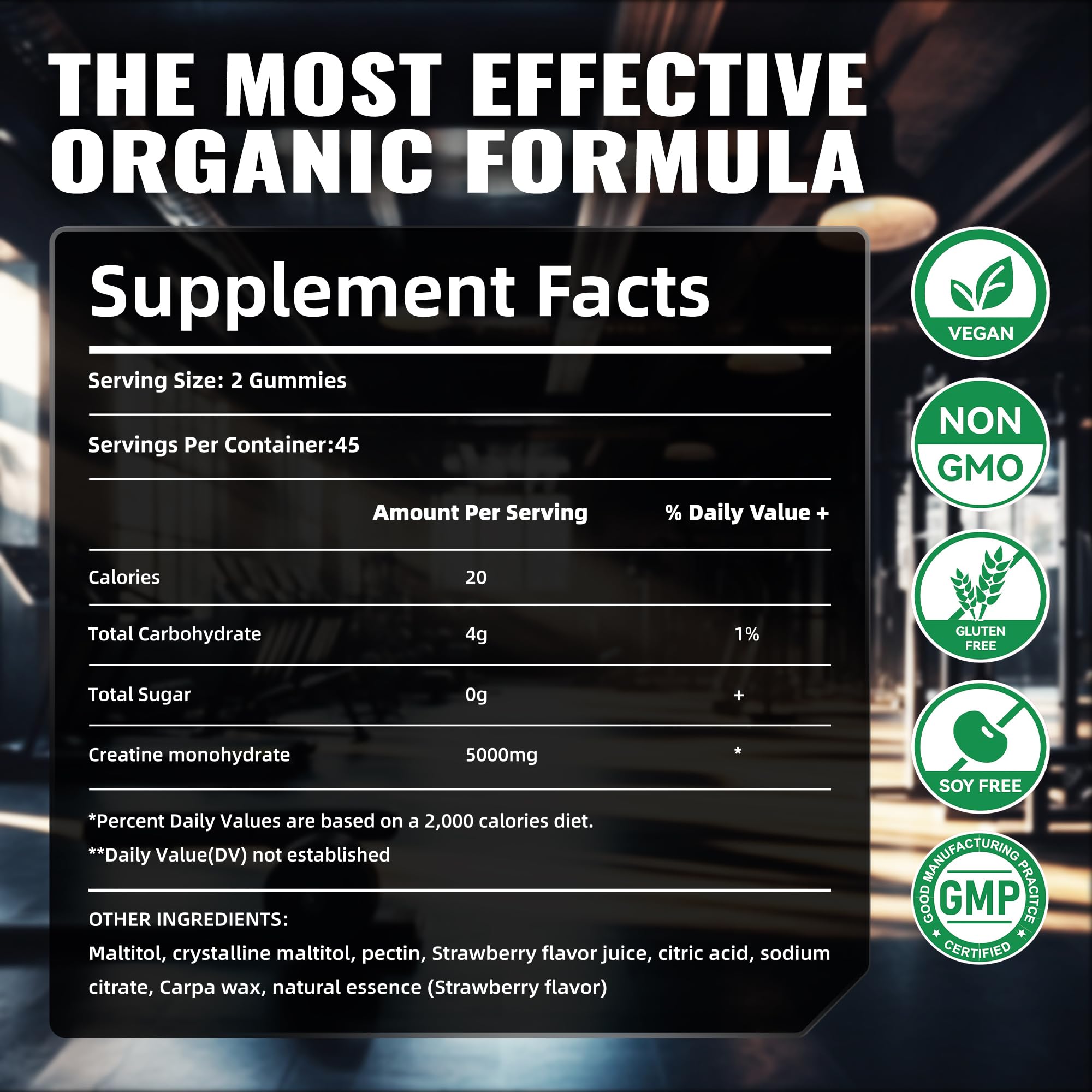 Gummy showing 2.5g creatine monohydrate per piece