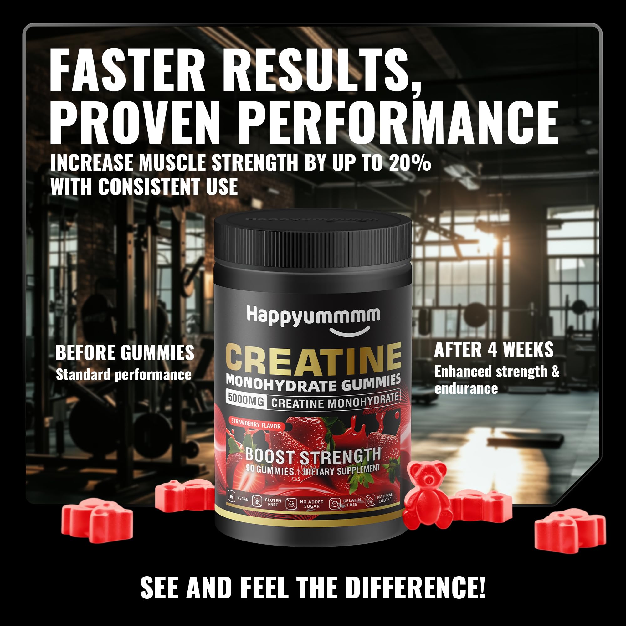 90-count bottle of Happyummmm Creatine Gummies
