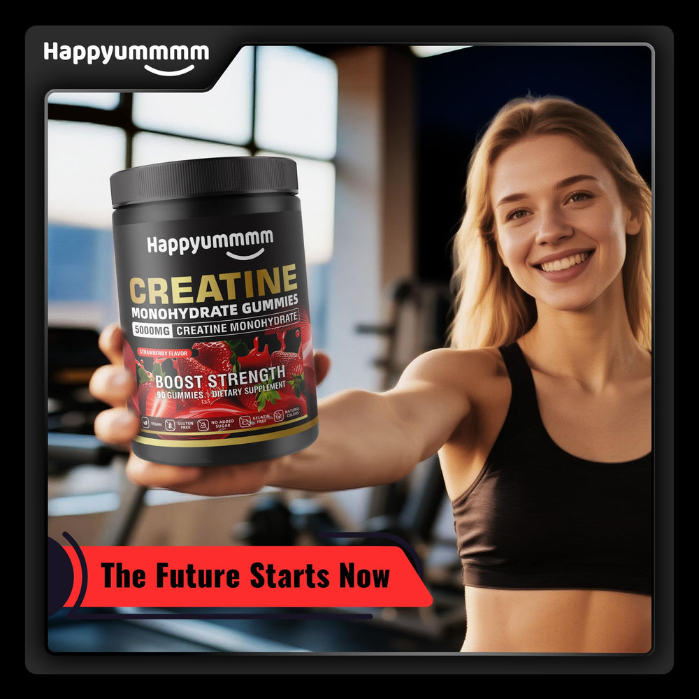 Happyummmm Creatine Gummies strawberry bottle on display