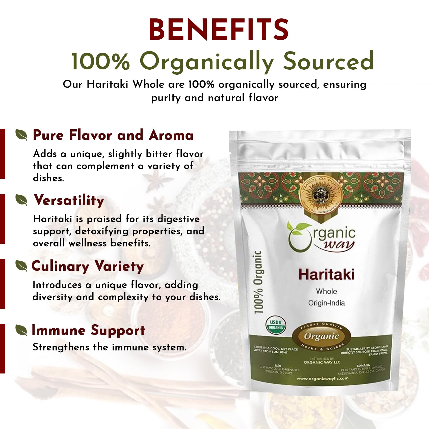 Haritaki Whole product in resealable pouch for easy storage