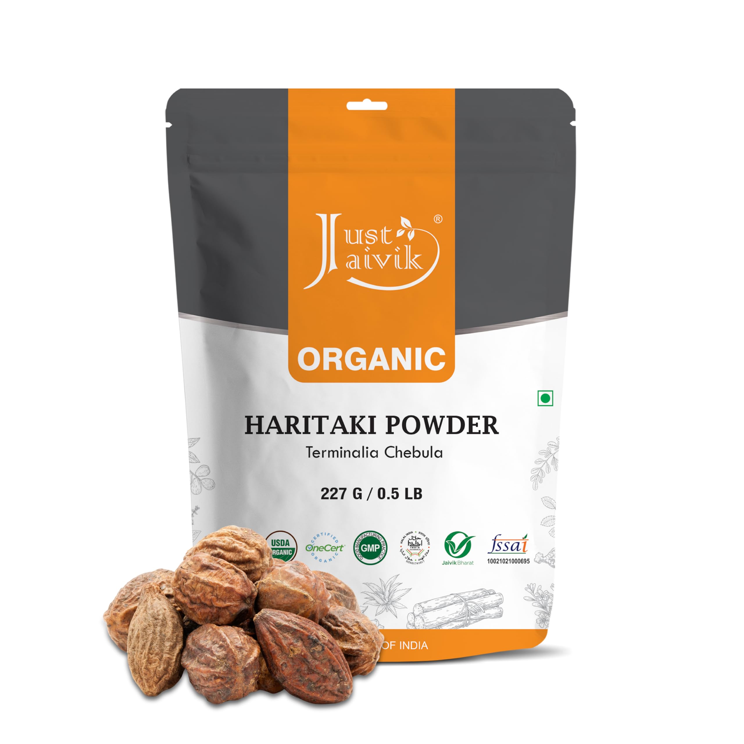 Just Jaivik Haritaki Powder 227g container