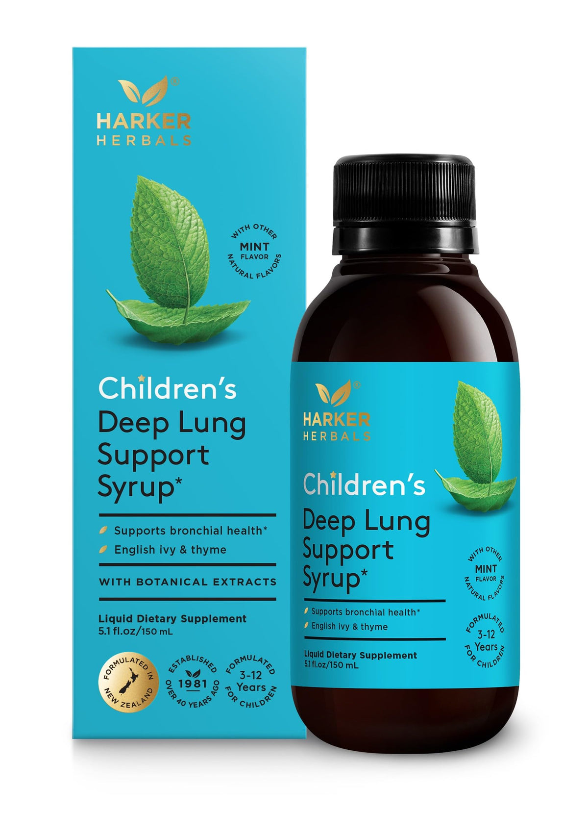 Front view of Harker Herbals Children's Deep Lung Support Syrup bottle on display