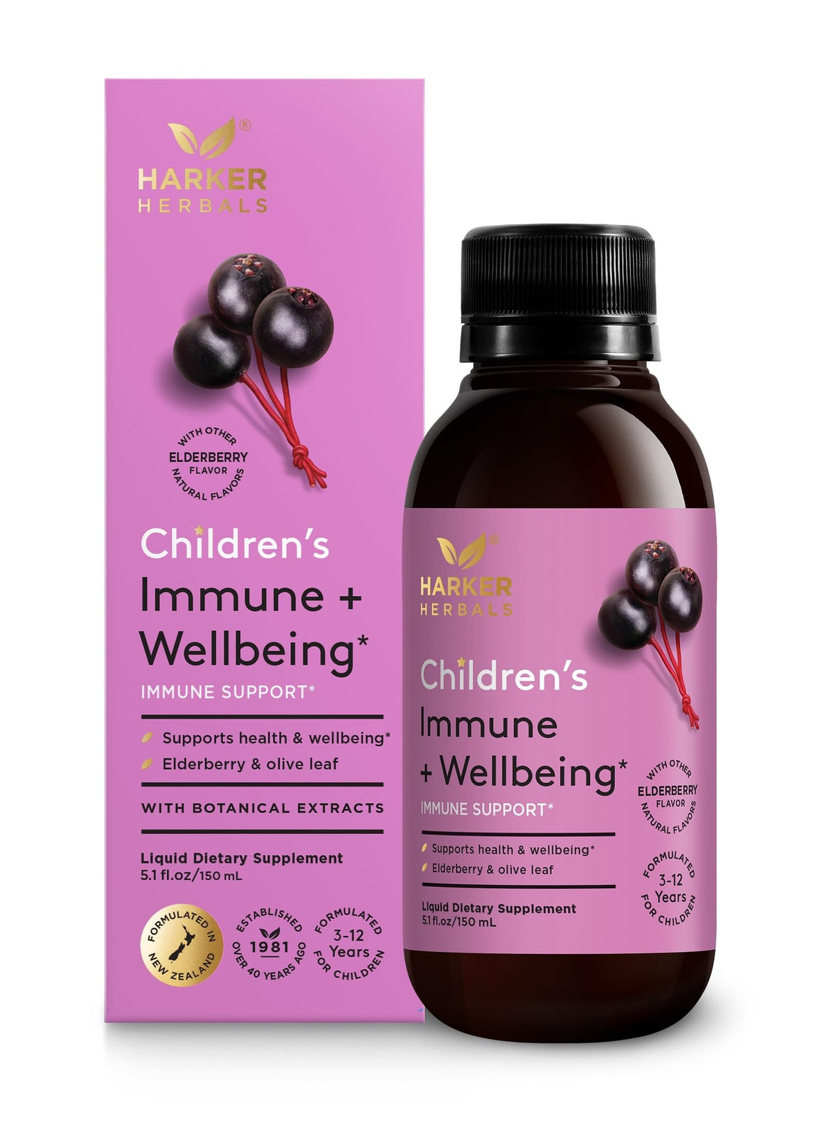 Front bottle of Harker Herbals Children's Immune + Wellbeing Herbal Syrup with Elderberry and Echinacea