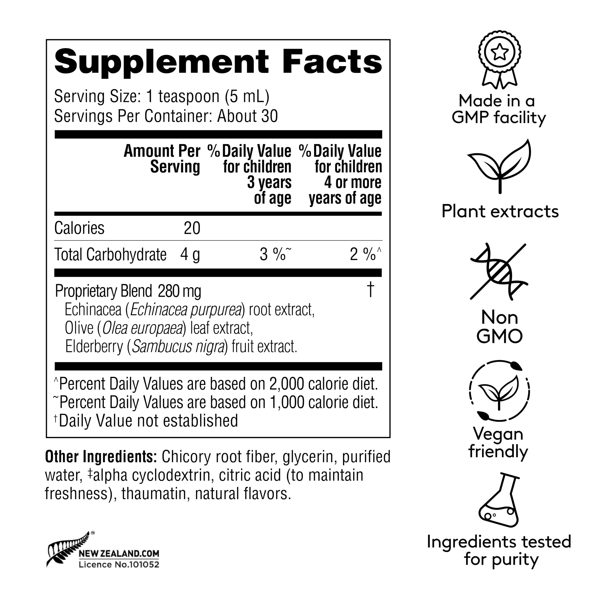 Close-up of product label highlighting elderberry, echinacea, and olive leaf ingredients