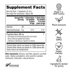 Close-up of product label highlighting elderberry, echinacea, and olive leaf ingredients