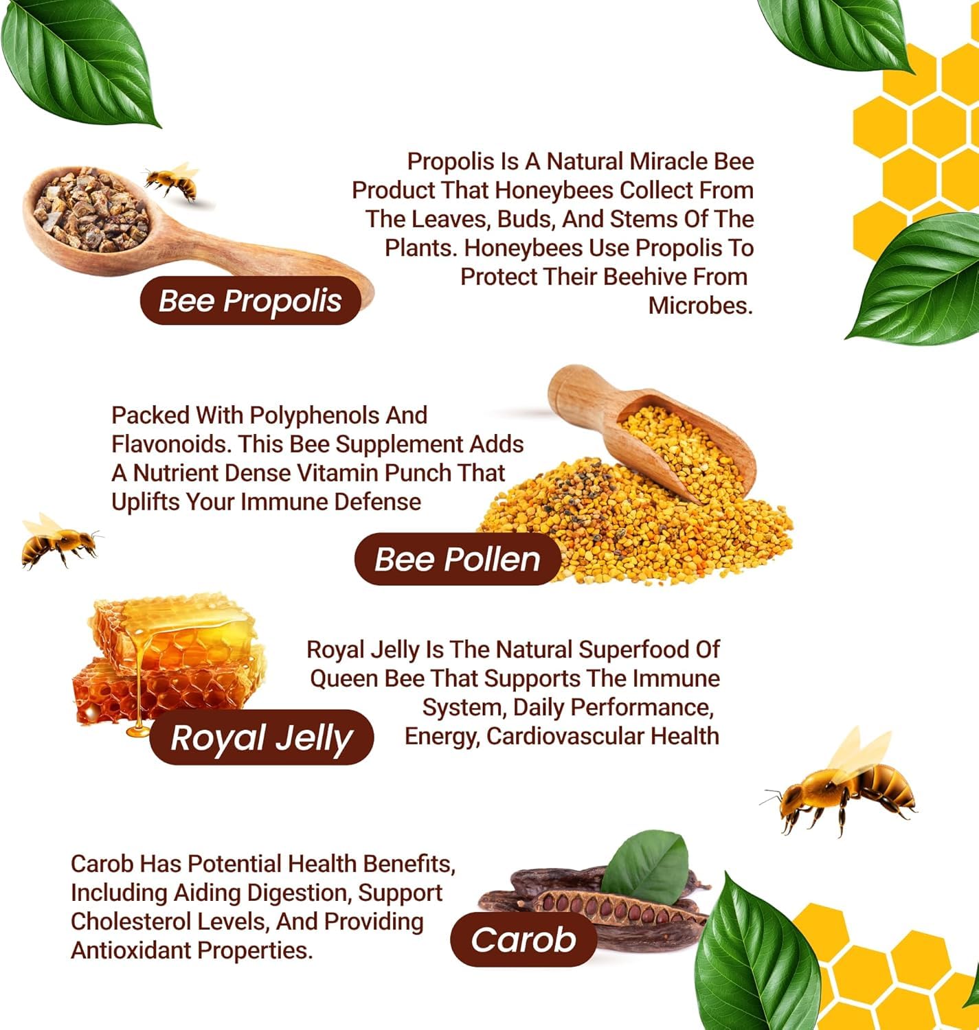 Immune support capsules featuring Royal Jelly, Propolis and Bee Pollen
