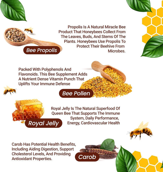 Immune support capsules featuring Royal Jelly, Propolis and Bee Pollen