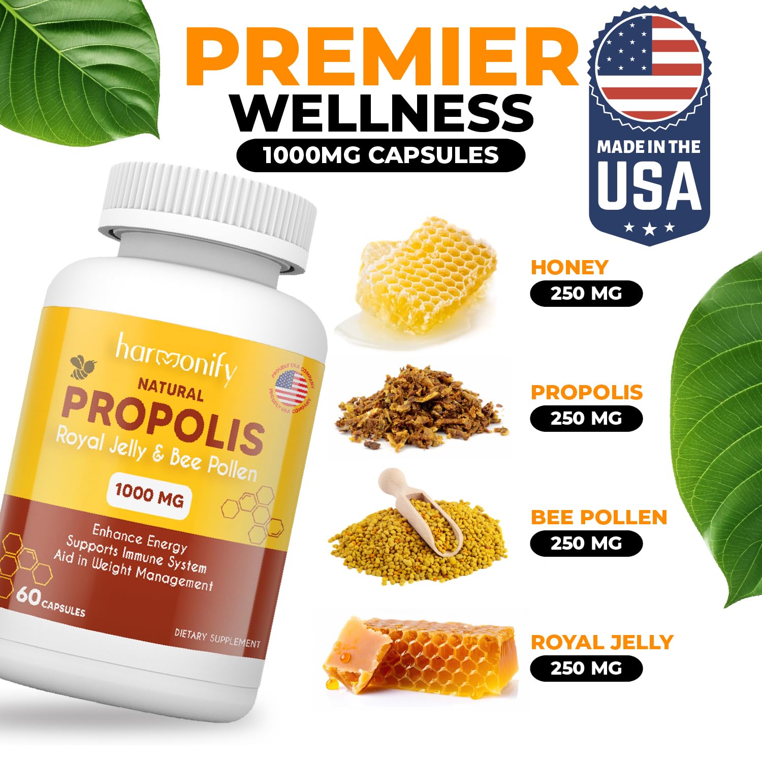 Pure ingredients blend: Propolis, Royal Jelly, Bee Pollen and Carob inside 1000mg capsules