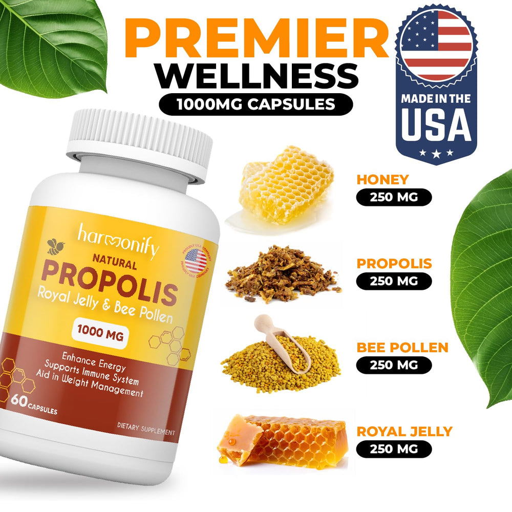 Pure ingredients blend: Propolis, Royal Jelly, Bee Pollen and Carob inside 1000mg capsules