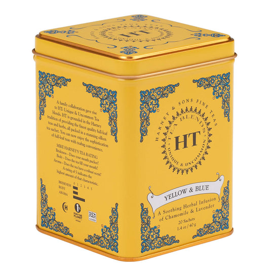 Close-up of Yellow and Blue sachets showing chamomile and lavender blend
