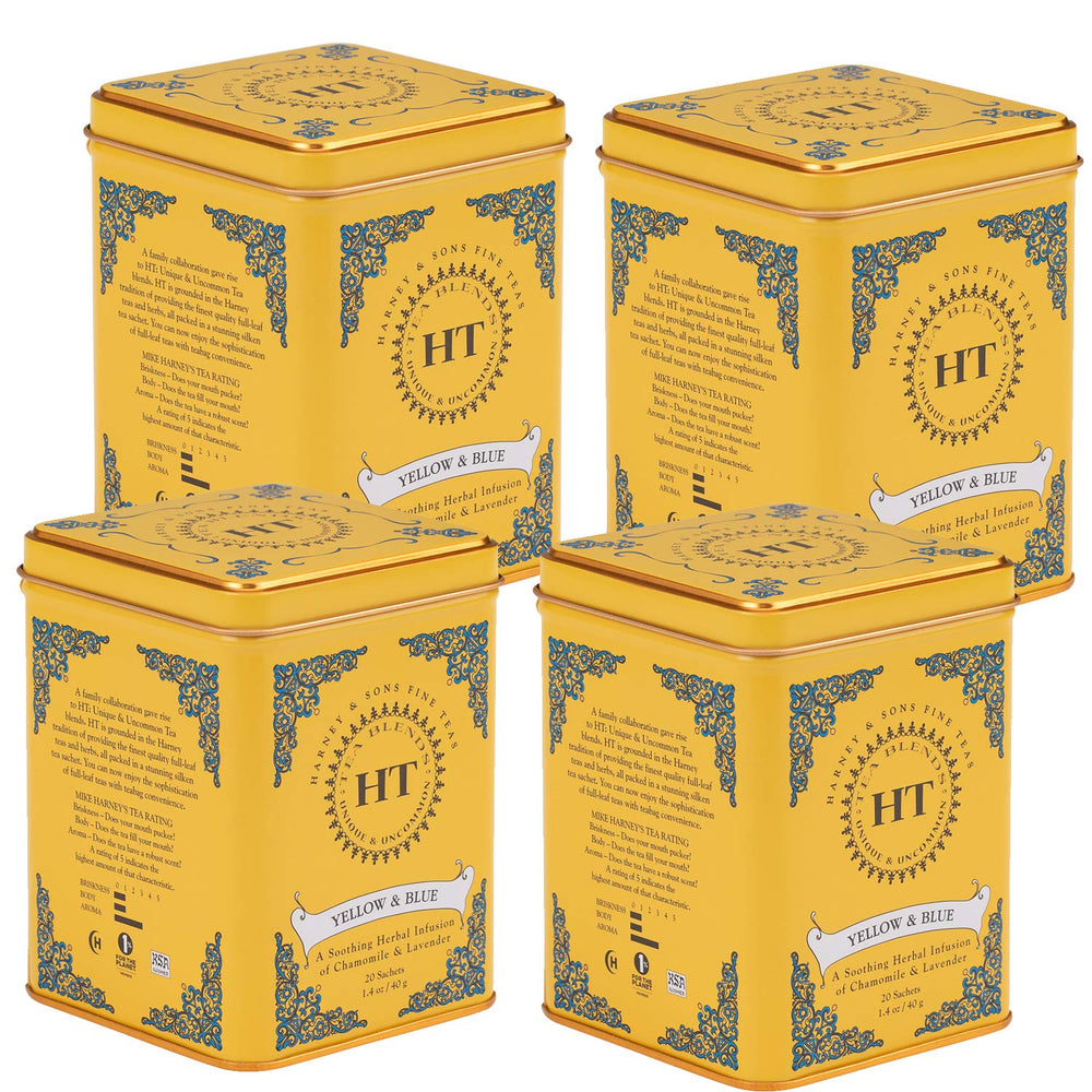 Harney & Sons Yellow and Blue herbal tea tin front view with chamomile and lavender