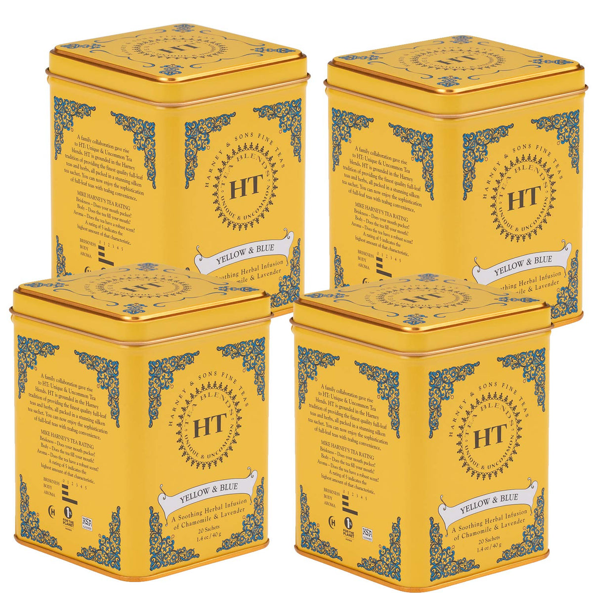 Harney & Sons Yellow and Blue herbal tea tin front view with chamomile and lavender
