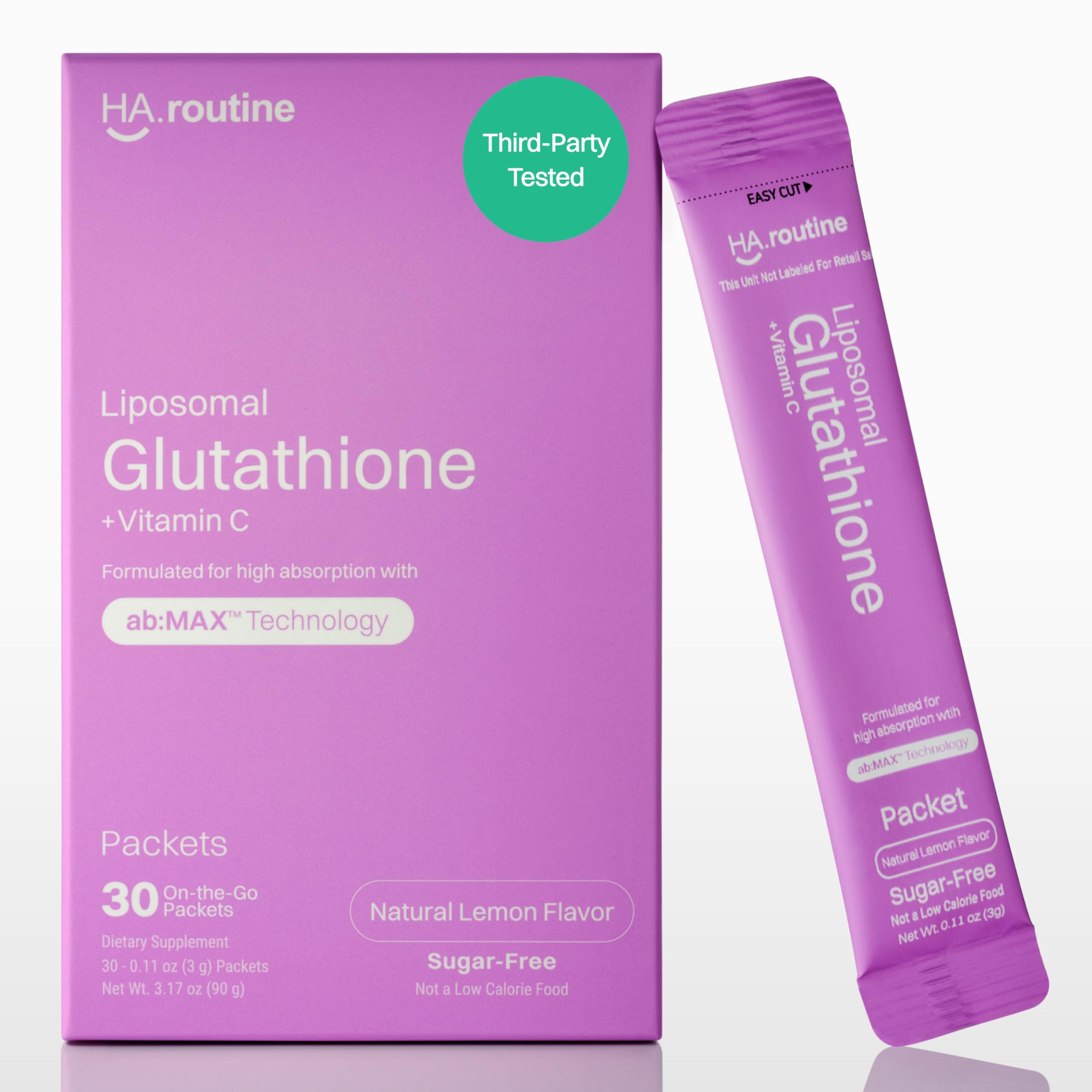 Haroutine liposomal glutathione packets with lemon packaging for easy daily wellness rituals.