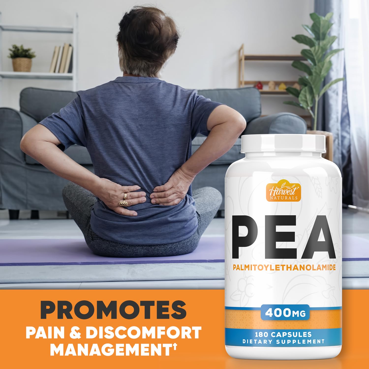 HARVEST NATURALS PEA capsules held in hand for easy daily dosing.