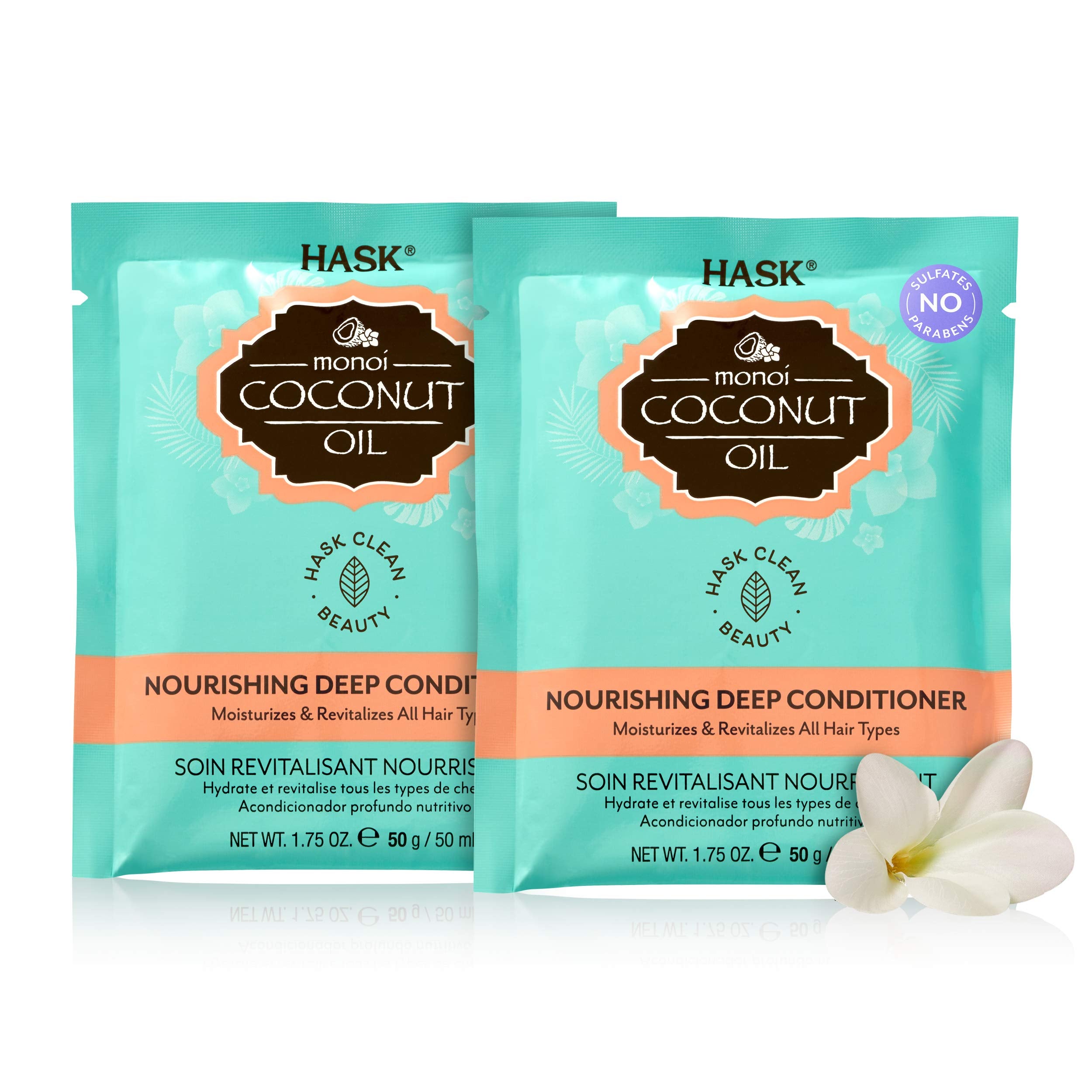 Front view of HASK Coconut Oil Nourishing Deep Conditioner pack; moisturizes all hair types.