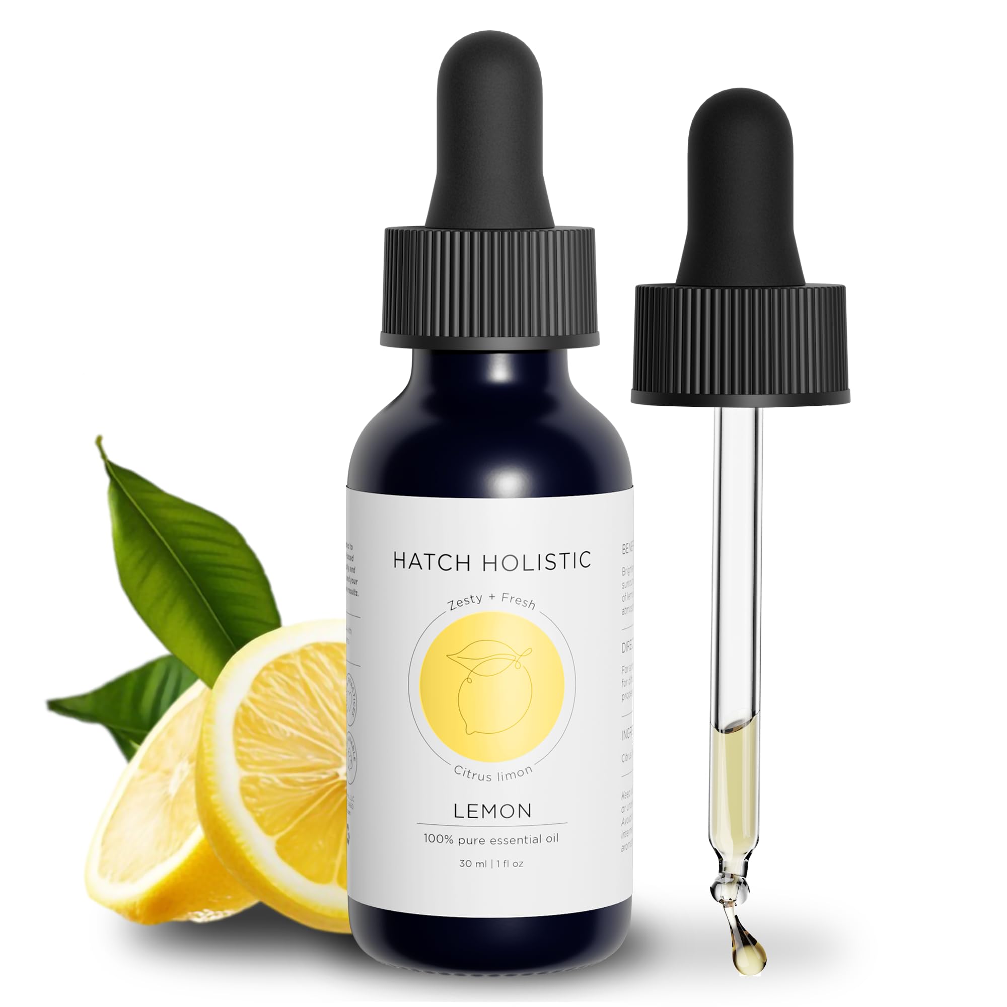 Hatch Holistic Lemon Essential Oil 1oz bottle on white background
